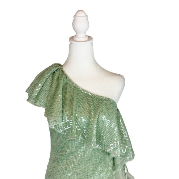 Mac Duggal One Shoulder Ruffle Mini Dress Green 4 NWT - Picture 3 of 12